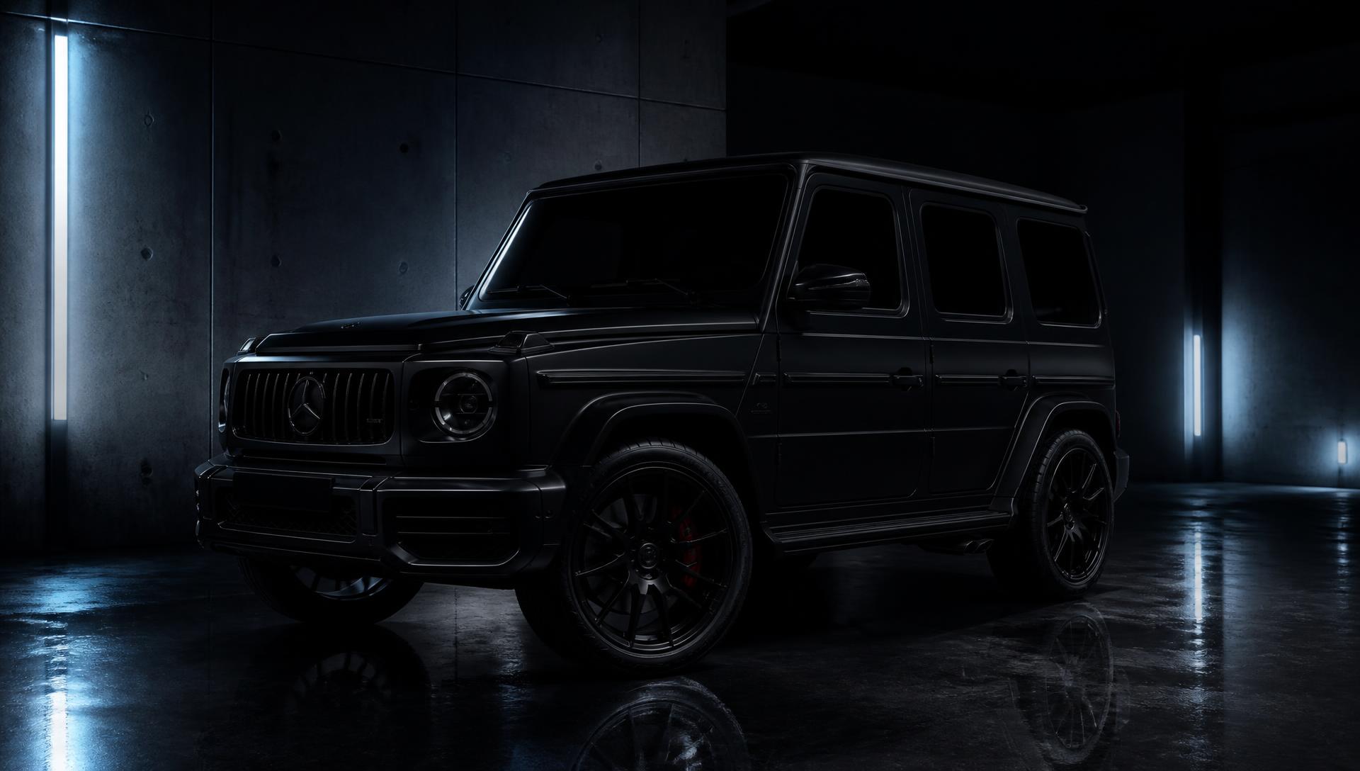 Matte black luxury SUV with blacked-out ceramic tinted windows in a dark studio
